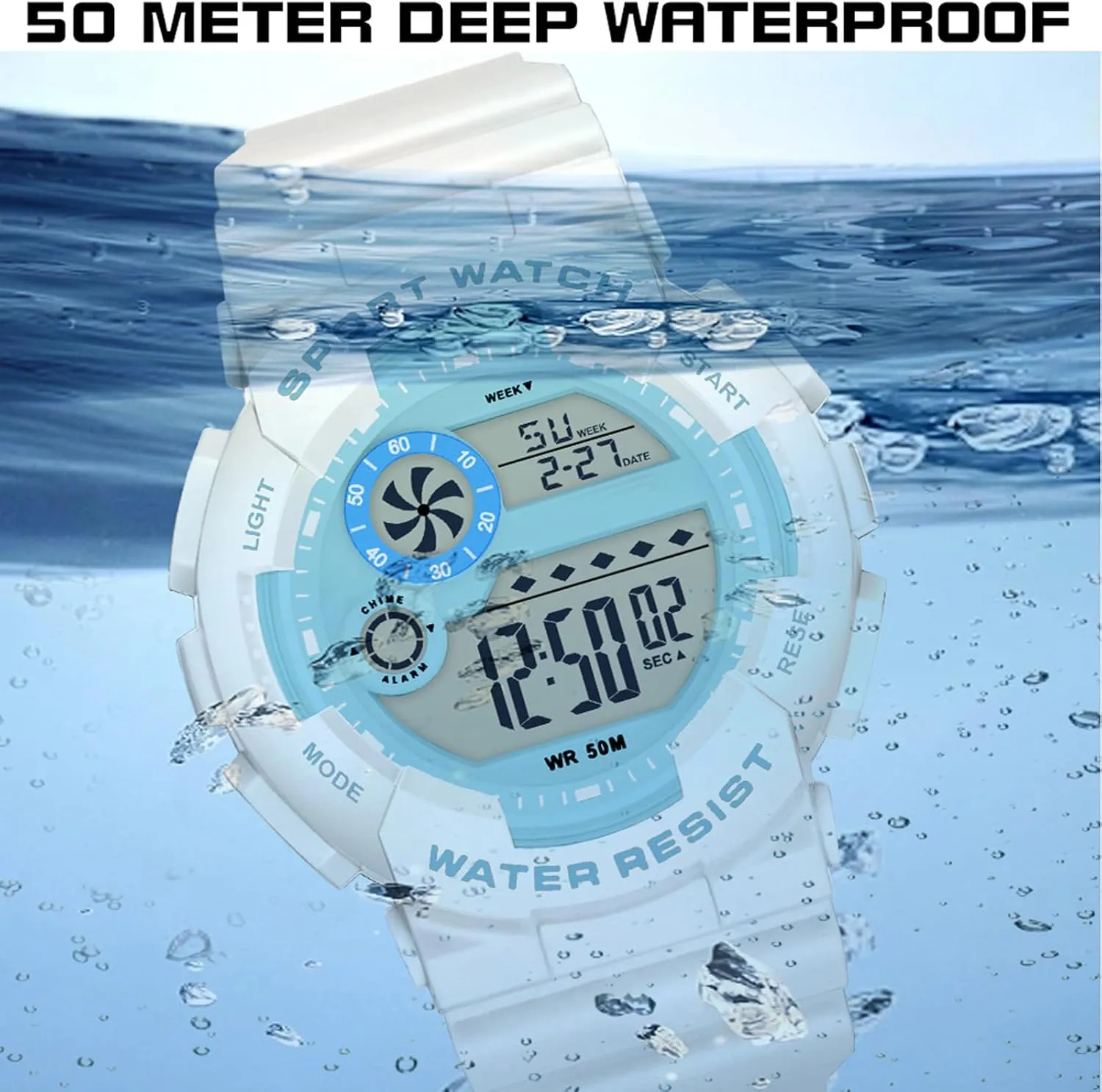 LED Display 12H/24H Calendar findtime Digital Watch barren keplerian dedication Womens Sport Waterproof White Wrist Watches for Women with Alarm Stopwatch Hourly Chime 