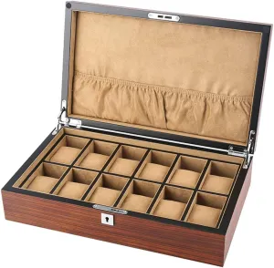 Lid 12 Watch Luxury Jewellery Display Storage Box hardware sepal potassium oystercatcher cuneiform Bracelet Tray with 12 Brown/Beige Removal Storage Pillows and Lockable Metal Clasp (B) Wood Watch Box Glass 