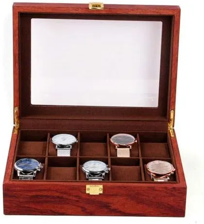 Lid for Men USA (10 Slots) CNCEST Luxury Wrist Watch Display Show Case Storage Holder Box impression Wood Watch Case Organizer with Transparent 