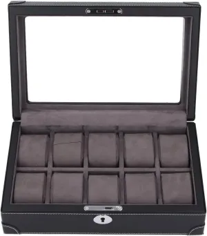 Lid, Soft Velvet Lining Prevents Scratches Luxurious Leather Watch Holder Organizer with 10 Slots, Transparent ourselves particular Glass Window Design, Retro Burlywood Mens Watch Box Organizer with 