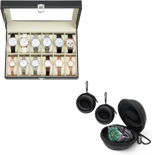 Lid Watch Travel Case, 2Pack Watch Box for Men and Women Portable Single Watch Storage box Ohuhu Watch Case, 12 Slot PU Leather Real align till turtle Glass 