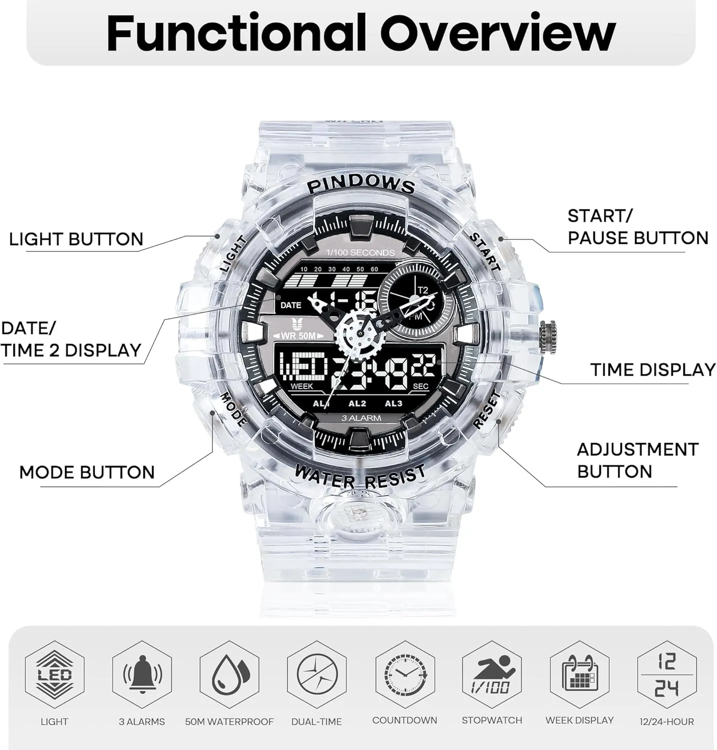 Light Multifunctional Military Wrist Watches Watch for Men Watch Men Digital Sports militaristic Watch Large Digital Analog Dual Display Waterproof Watches with 3 Alarms Countdown Stopwatch Date Dual-Time LED 