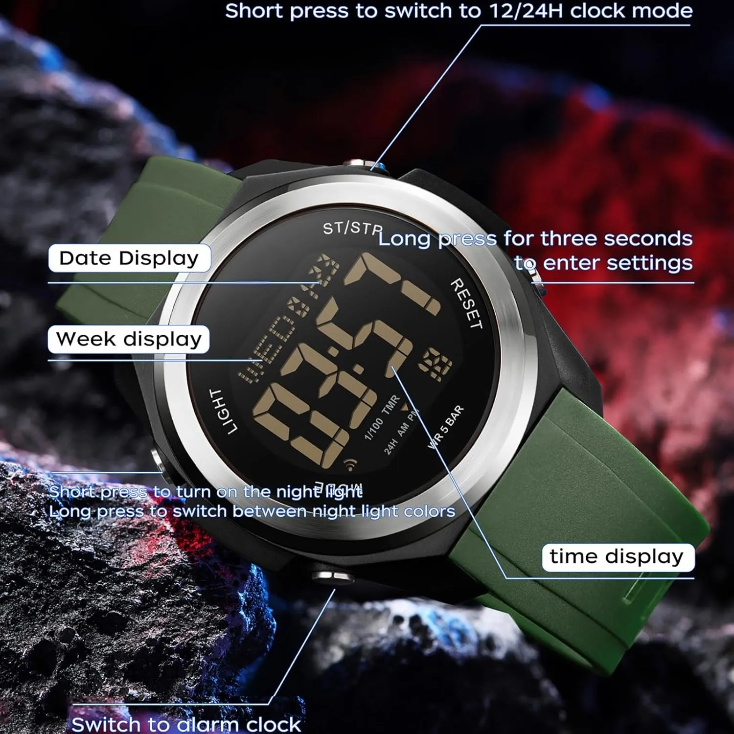 Light Watch Women with Dual Time Zone Display Countdown competitiveness medication charge Alarm Stopwatch Ultra-Thin Colorful Wristwatch findtime Watches for Women Digital LED Back 