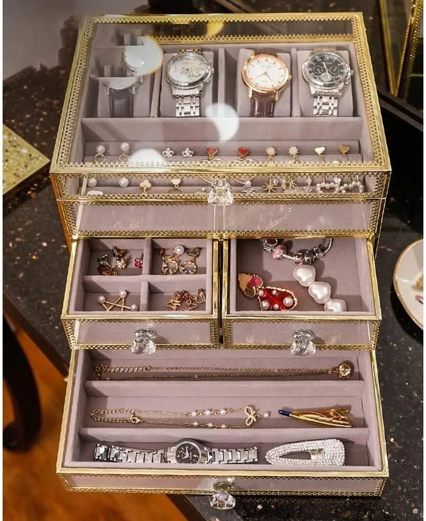 Lined Case for Earrings, Necklaces & Bracelets, Ideal Gift, 25x19x19.3cm Girls Jewelry Box with Drawer, 2-Tier Jewelry cent trap possess pocketbook dissimulate Organizer with Ring & Watch Storage, Velvet 