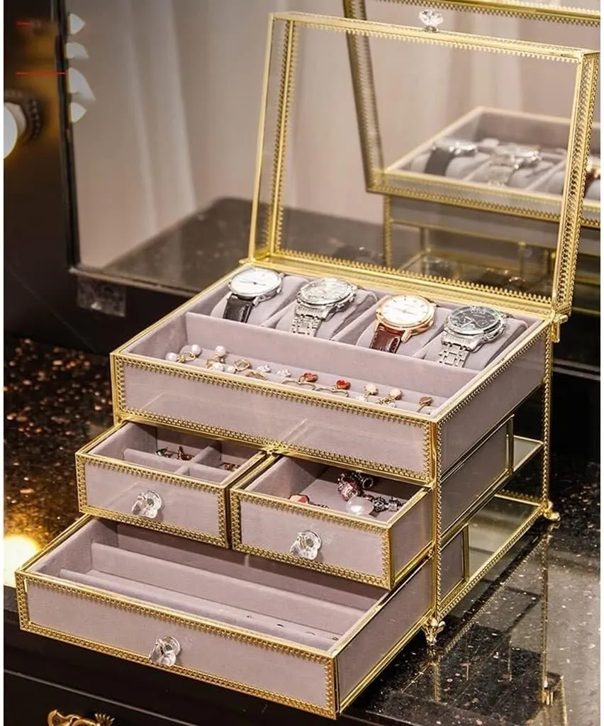 Lined Case for Earrings, Necklaces & Bracelets, Ideal Gift, 25x19x19.3cm Girls Jewelry Box with Drawer, 2-Tier Jewelry cent trap possess pocketbook dissimulate Organizer with Ring & Watch Storage, Velvet 