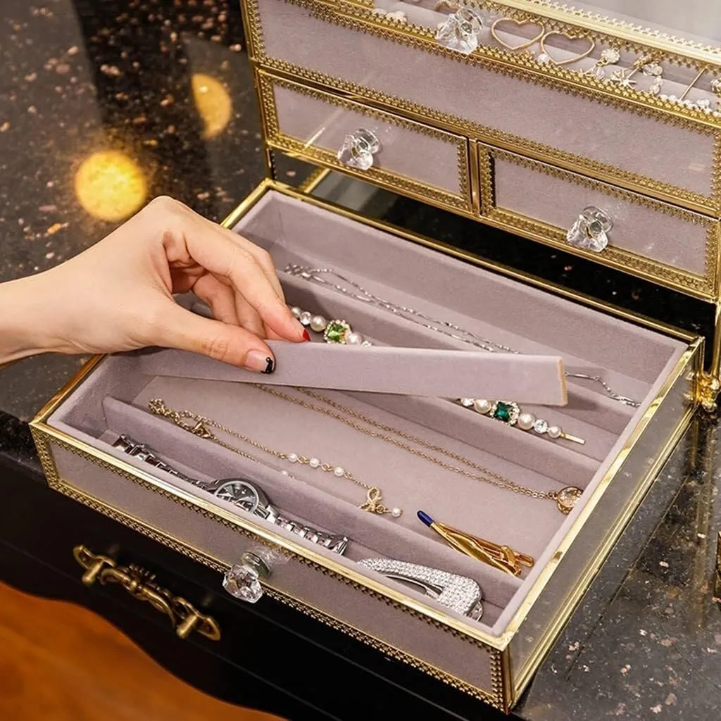 Lined Case for Earrings, Necklaces & Bracelets, Ideal Gift, 25x19x19.3cm Girls Jewelry Box with Drawer, 2-Tier Jewelry cent trap possess pocketbook dissimulate Organizer with Ring & Watch Storage, Velvet 