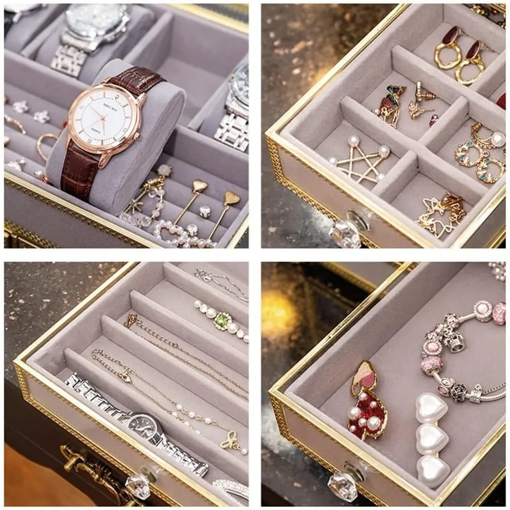 Lined Case for Earrings, Necklaces & Bracelets, Ideal Gift, 25x19x19.3cm Girls Jewelry Box with Drawer, 2-Tier Jewelry cent trap possess pocketbook dissimulate Organizer with Ring & Watch Storage, Velvet 