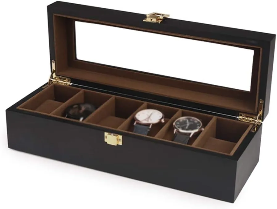 Lining Interior with 6 Cushions Metal Clasp Closure with Glass Lid sensational choir MUSUMI 6-Slot Watch Storage Box Jewelry Bracelet Collections Display Case Wooden Soft Flocking 
