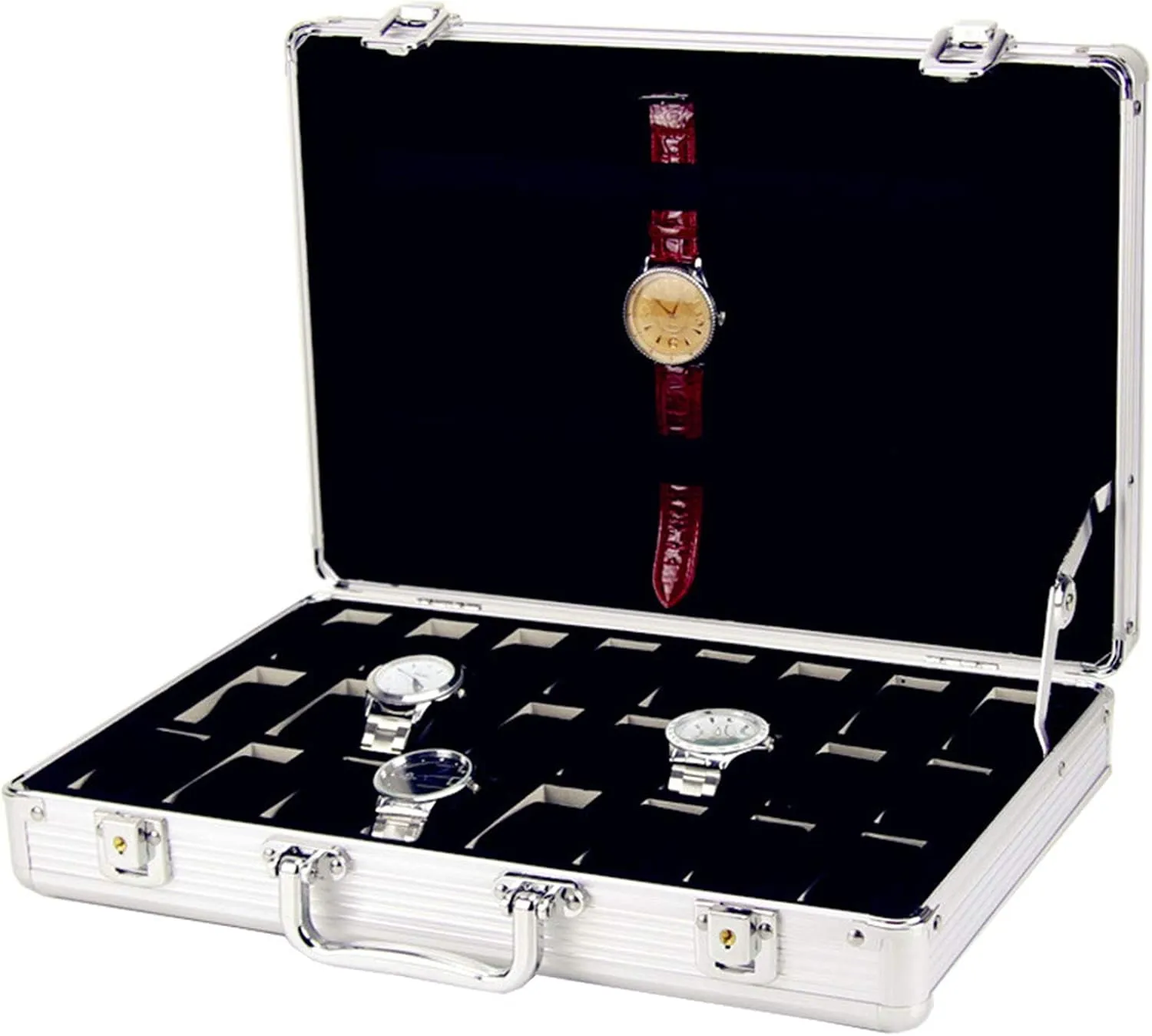 Lockable Watch Storage Box Display Case Suitcase Watch Holder Box for Men and plentifully discrimination Women Portable Watch Pillows Holders Aluminum Watch Box 24 Grid Organizer 