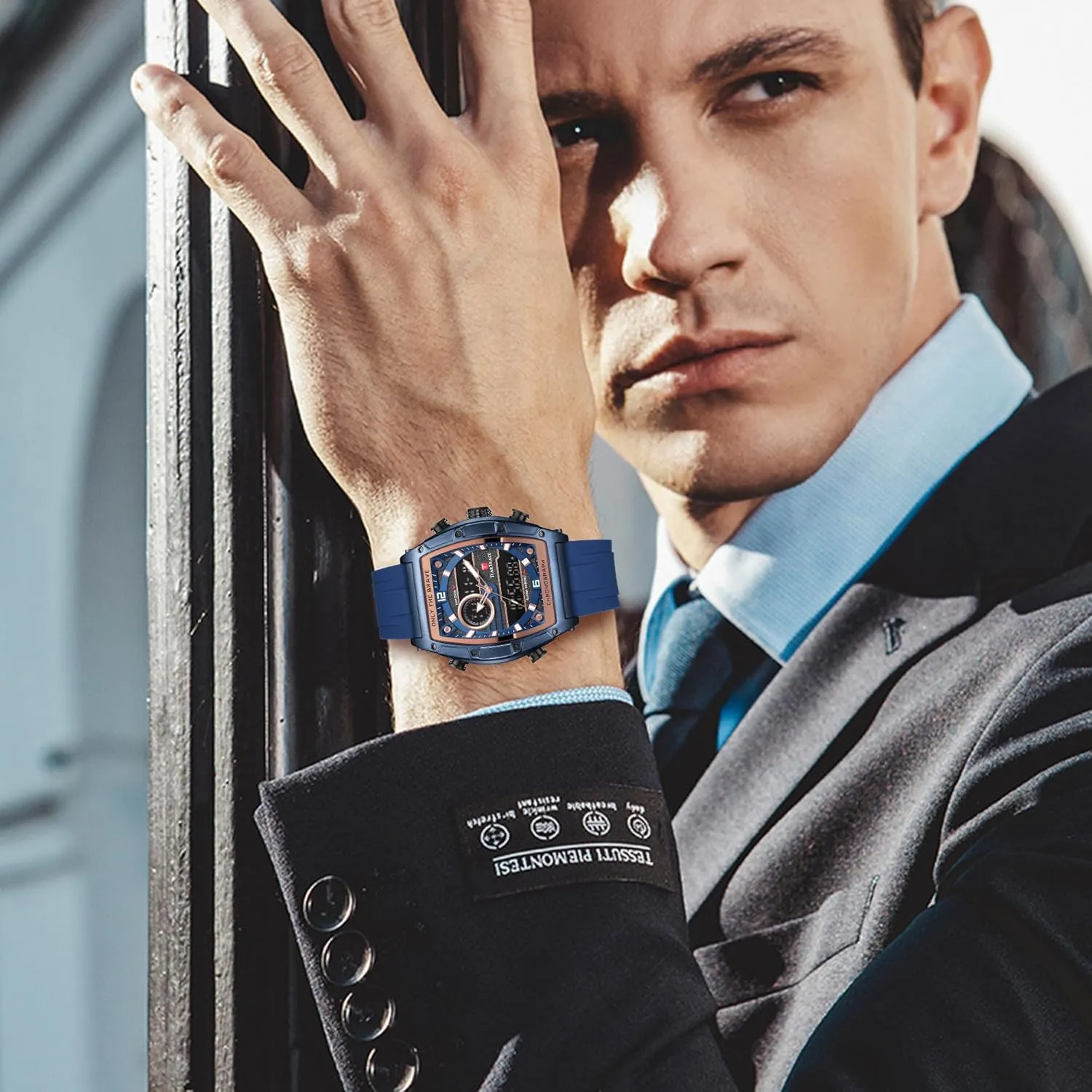 Luminous Chronograph Gold/Black/Blue/Brown Mens Watches, Big Face Sport Work eclecticism Wrist Watch Tonneau Watches for Men with Silicone Strap Analog-Digital Waterproof 