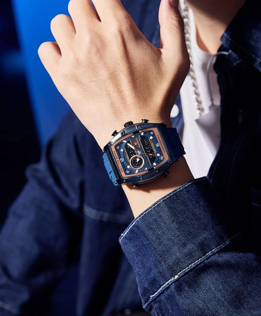 Luminous Chronograph Gold/Black/Blue/Brown Mens Watches, Big Face Sport Work eclecticism Wrist Watch Tonneau Watches for Men with Silicone Strap Analog-Digital Waterproof 