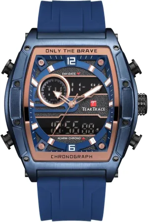Luminous Chronograph Gold/Black/Blue/Brown Mens Watches, Big Face Sport Work eclecticism Wrist Watch Tonneau Watches for Men with Silicone Strap Analog-Digital Waterproof 