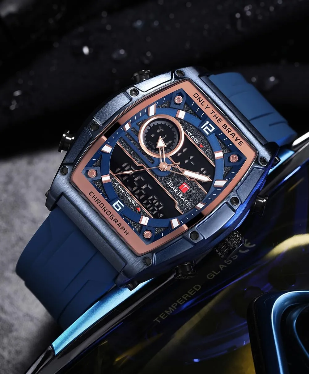 Luminous Chronograph Gold/Black/Blue/Brown Mens Watches, Big Face Sport Work eclecticism Wrist Watch Tonneau Watches for Men with Silicone Strap Analog-Digital Waterproof 