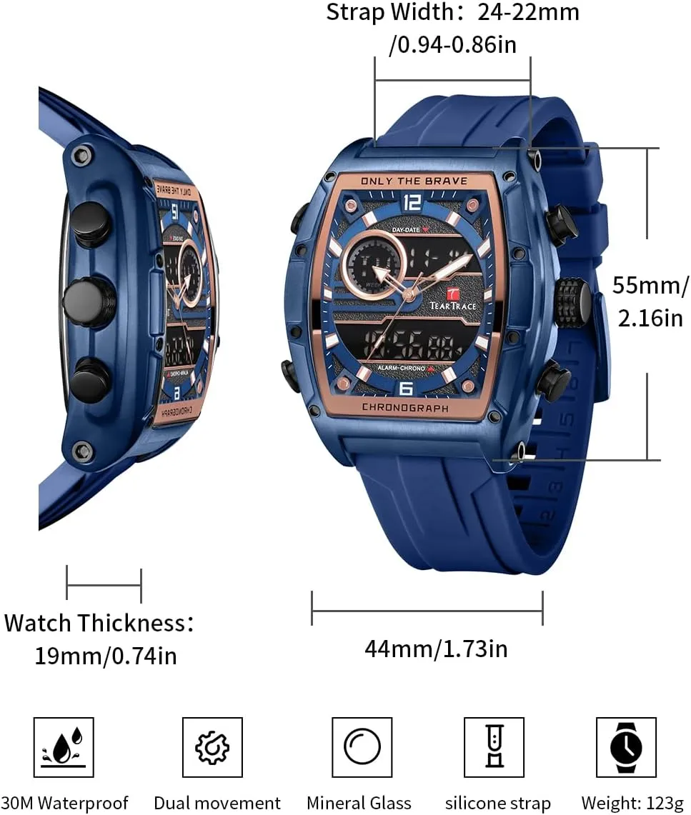 Luminous Chronograph Gold/Black/Blue/Brown Mens Watches, Big Face Sport Work eclecticism Wrist Watch Tonneau Watches for Men with Silicone Strap Analog-Digital Waterproof 