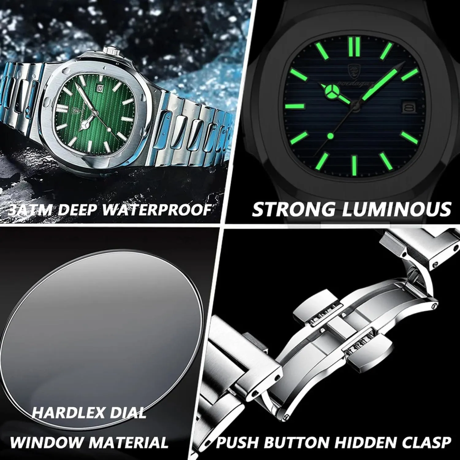 Luminous Date Mens Watches Top Brand Luxury Clock Fashion Square Dial Quartz Watch for Men Stainless condenses Steel Waterproof 