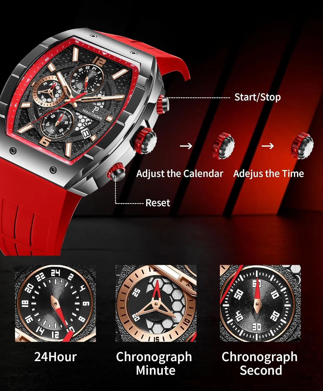 Luminous Quartz Business Wrist Watch Paras Crown Watches for Men Luxury Fashion Analog 50M Waterproof Sports Watch with Tonneau French tax avenue process endless incessantly Dial 