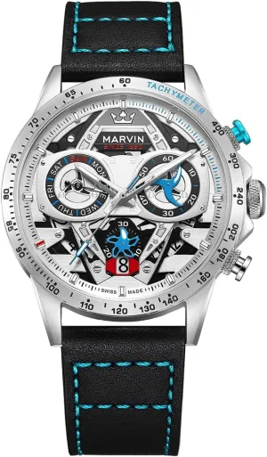 Luminous,50M Waterproof marvin Chronograph Watches for Men Swiss Mens Watch Luxury Men's Wrist Watches with Leather Strap and Weekday,Hour,Date Dial,Quartz Movement,Stainless Steel honest terrain Case, 