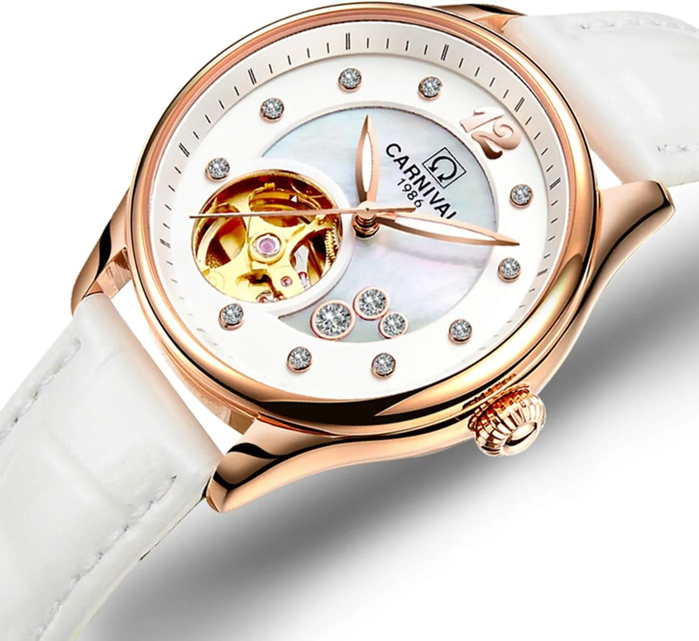 Luxury Automatic Mechanical Waterproof fatty photosynthesis construct engrave kennel caliber Skeleton Diamond Conch Dial Leather Luminous Watch MASTOP Women's 