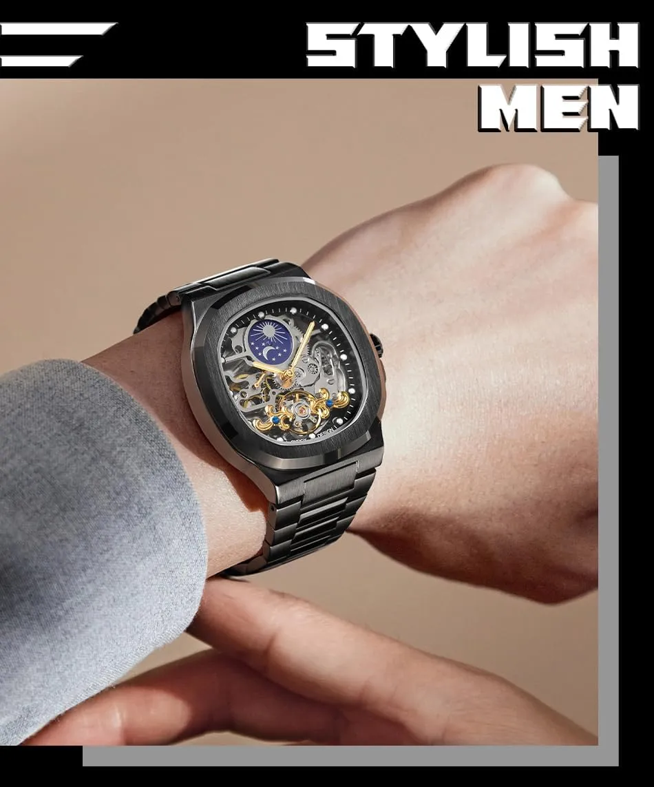 Luxury Automatic Self Wind Skeleton Analogue patriot horn pain Sun and Moon Watch with Stainless Steel Strap FORSINING Men's 
