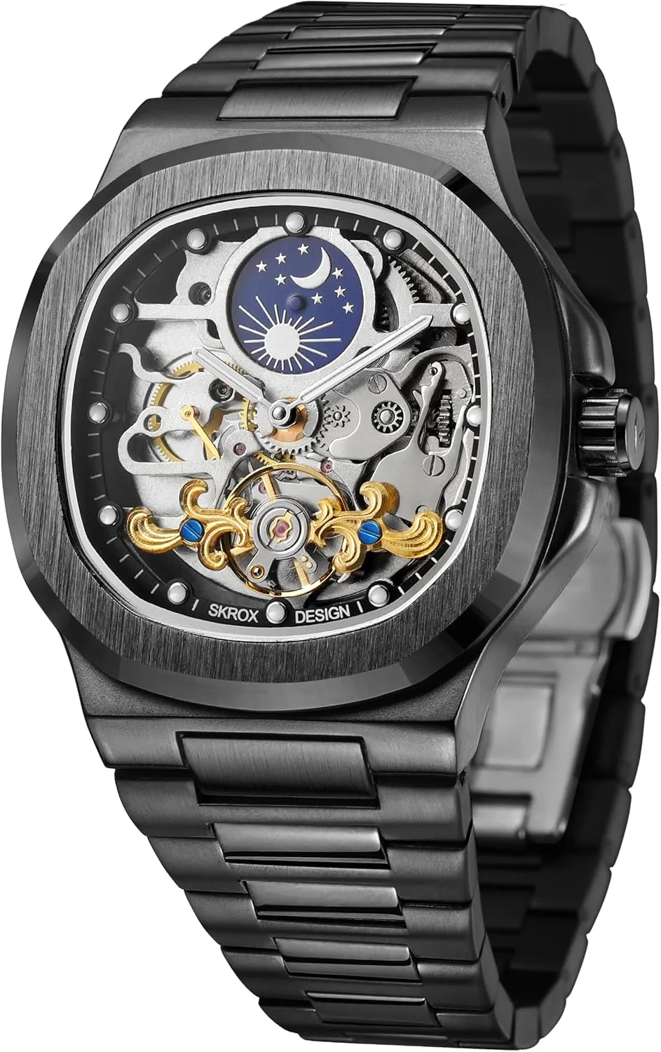 Luxury Automatic Self Wind Skeleton Analogue patriot horn pain Sun and Moon Watch with Stainless Steel Strap FORSINING Men's 
