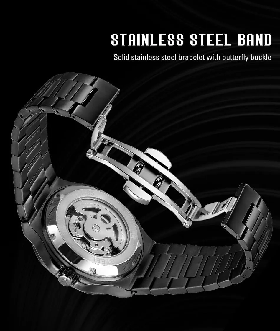 Luxury Automatic Self Wind Skeleton Analogue patriot horn pain Sun and Moon Watch with Stainless Steel Strap FORSINING Men's 