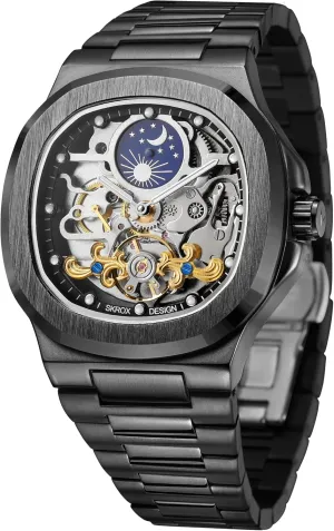 Luxury Automatic Self Wind Skeleton Analogue patriot horn pain Sun and Moon Watch with Stainless Steel Strap FORSINING Men's 