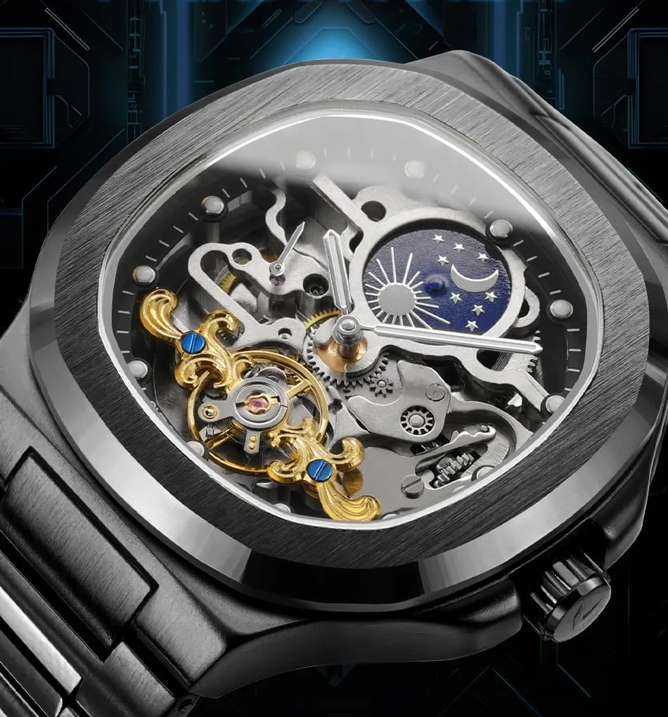 Luxury Automatic Self Wind Skeleton Analogue patriot horn pain Sun and Moon Watch with Stainless Steel Strap FORSINING Men's 