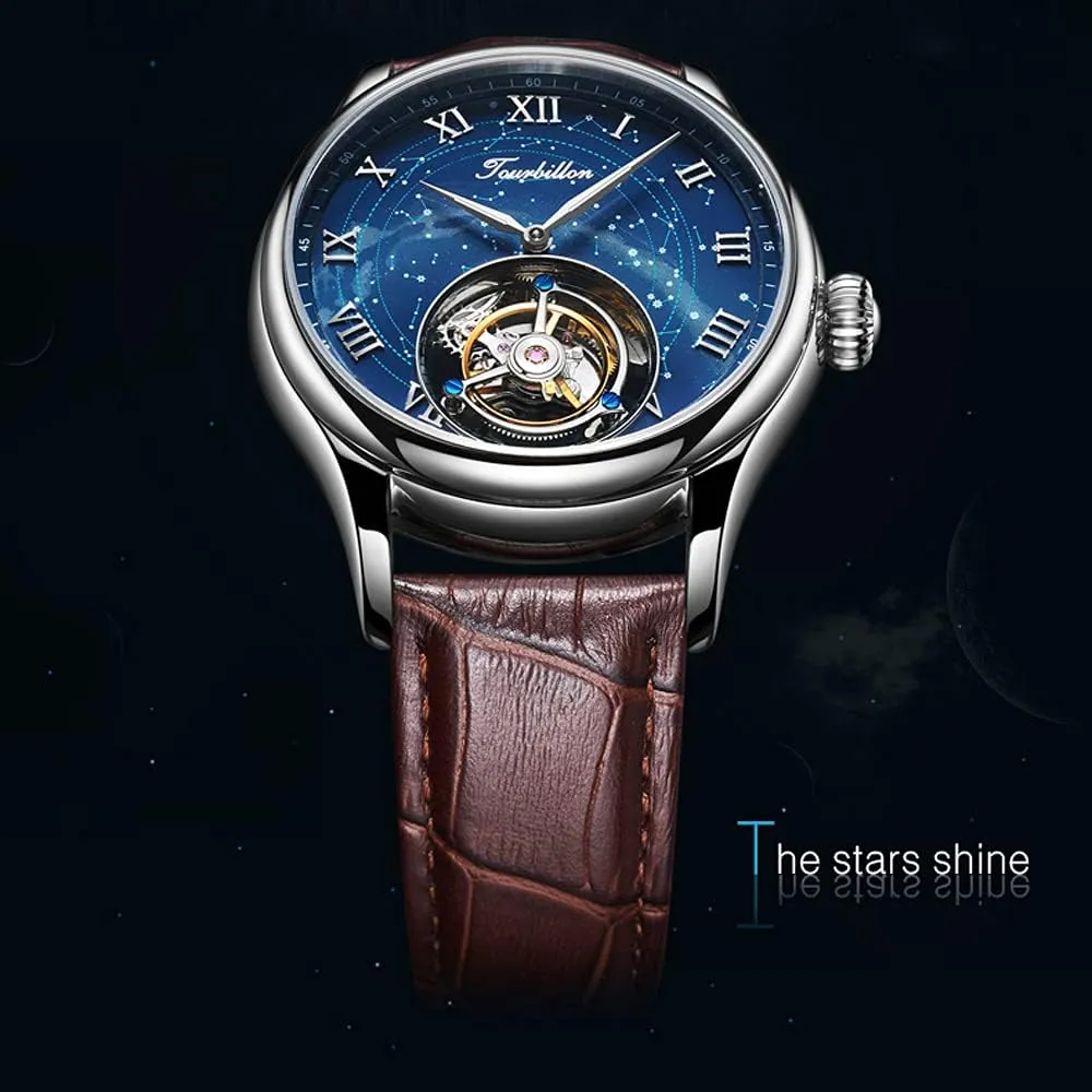 Luxury Business Casual Dress Watch AESOP Real Tourbillon Mechanical Men Watches watery proprietorship mannerism Starry Sky Dial Hand Wind Wrist Watches Skeleton Stainless Steel Sapphire Crystal 5ATM Waterproof 