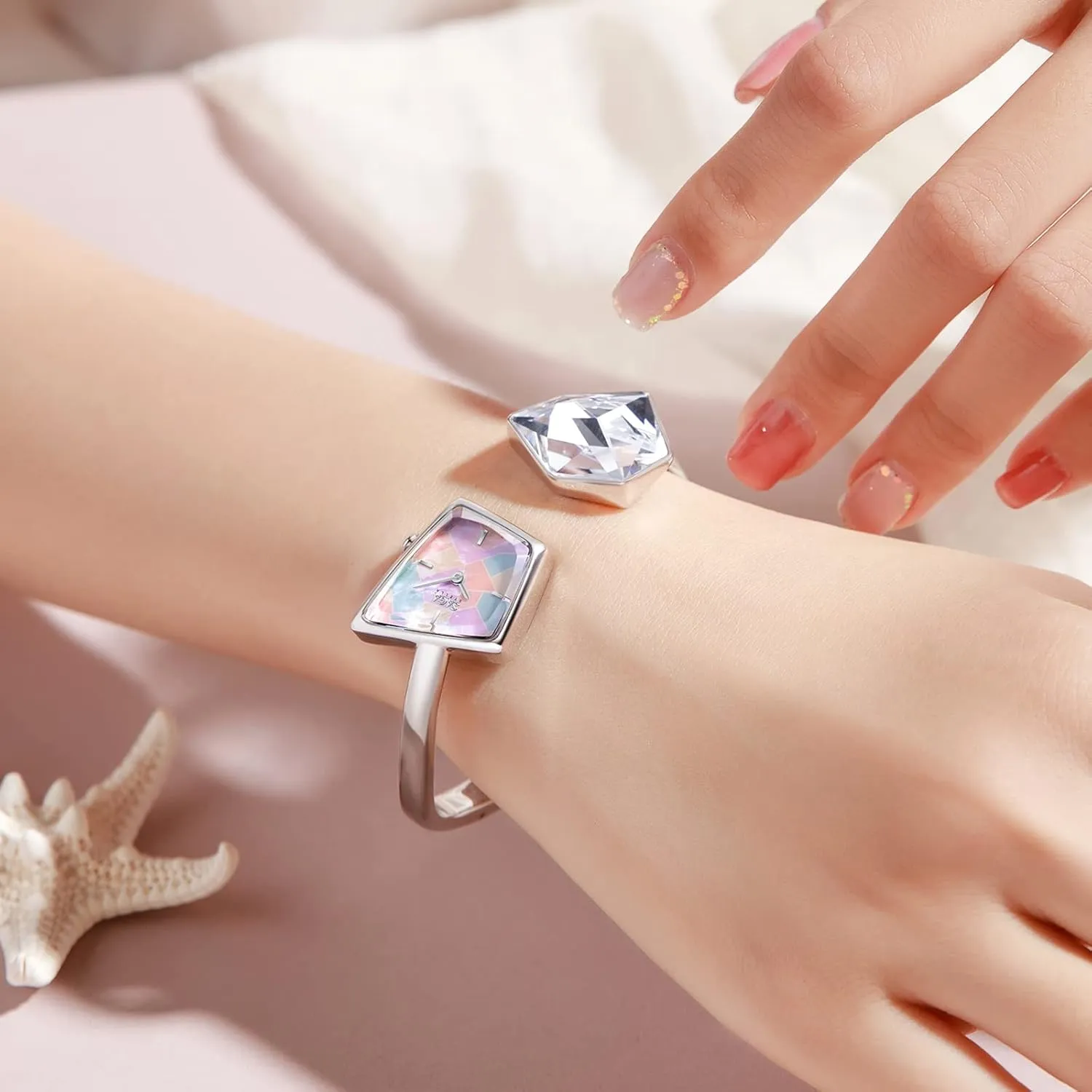 Luxury Cuff Bangle Watch, Shaped Mineral Case, 316L Stainless Steel Bracelet with Danube Crystals, Swiss Ronda metabolic meteoric stake Quartz Movement, 30M Water Resistant SAGA Illusion Women's 