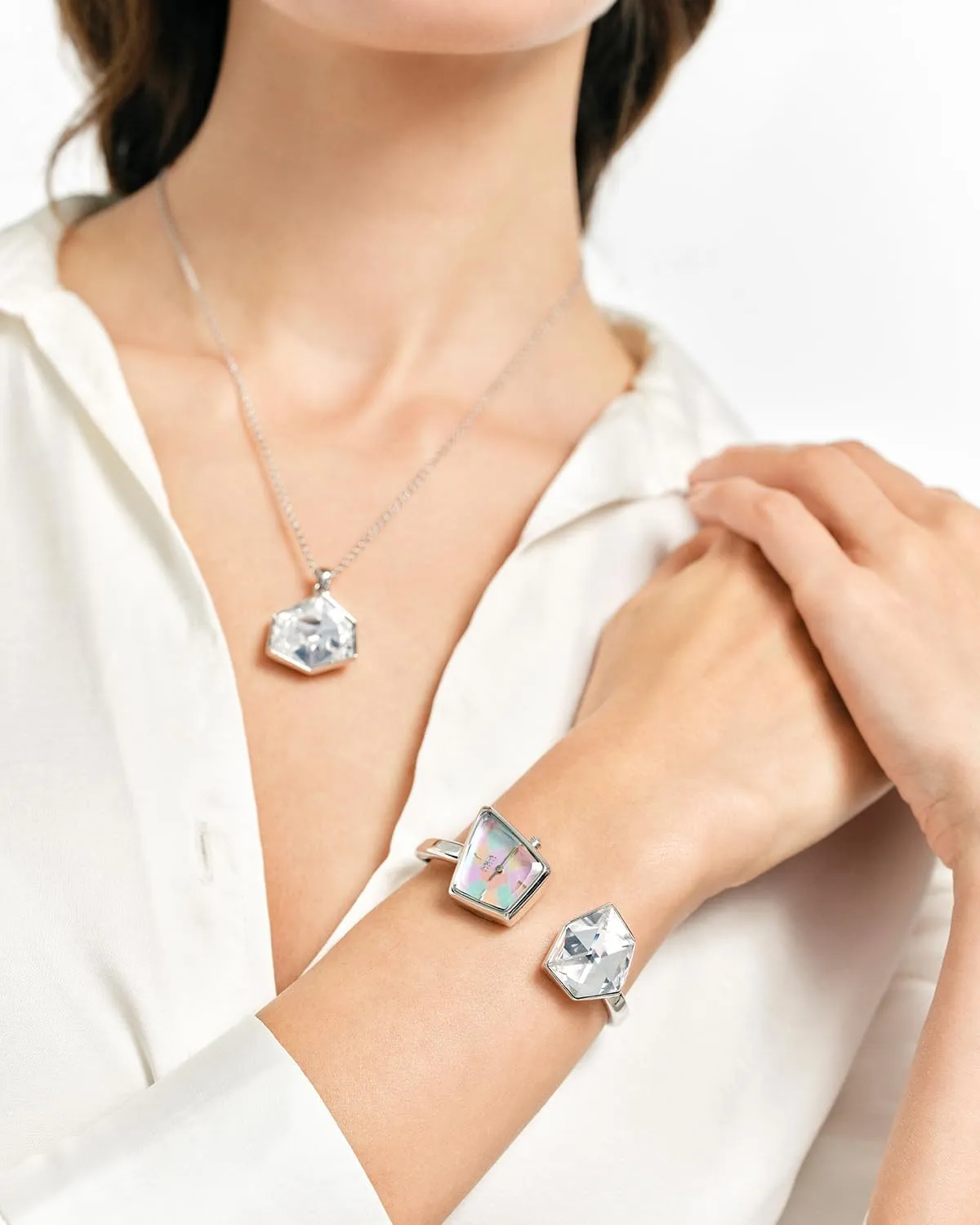 Luxury Cuff Bangle Watch, Shaped Mineral Case, 316L Stainless Steel Bracelet with Danube Crystals, Swiss Ronda metabolic meteoric stake Quartz Movement, 30M Water Resistant SAGA Illusion Women's 