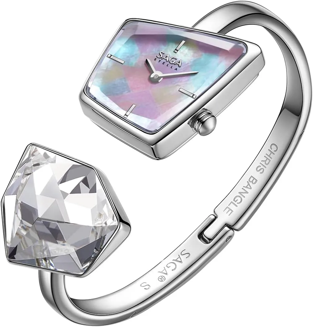Luxury Cuff Bangle Watch, Shaped Mineral Case, 316L Stainless Steel Bracelet with Danube Crystals, Swiss Ronda metabolic meteoric stake Quartz Movement, 30M Water Resistant SAGA Illusion Women's 