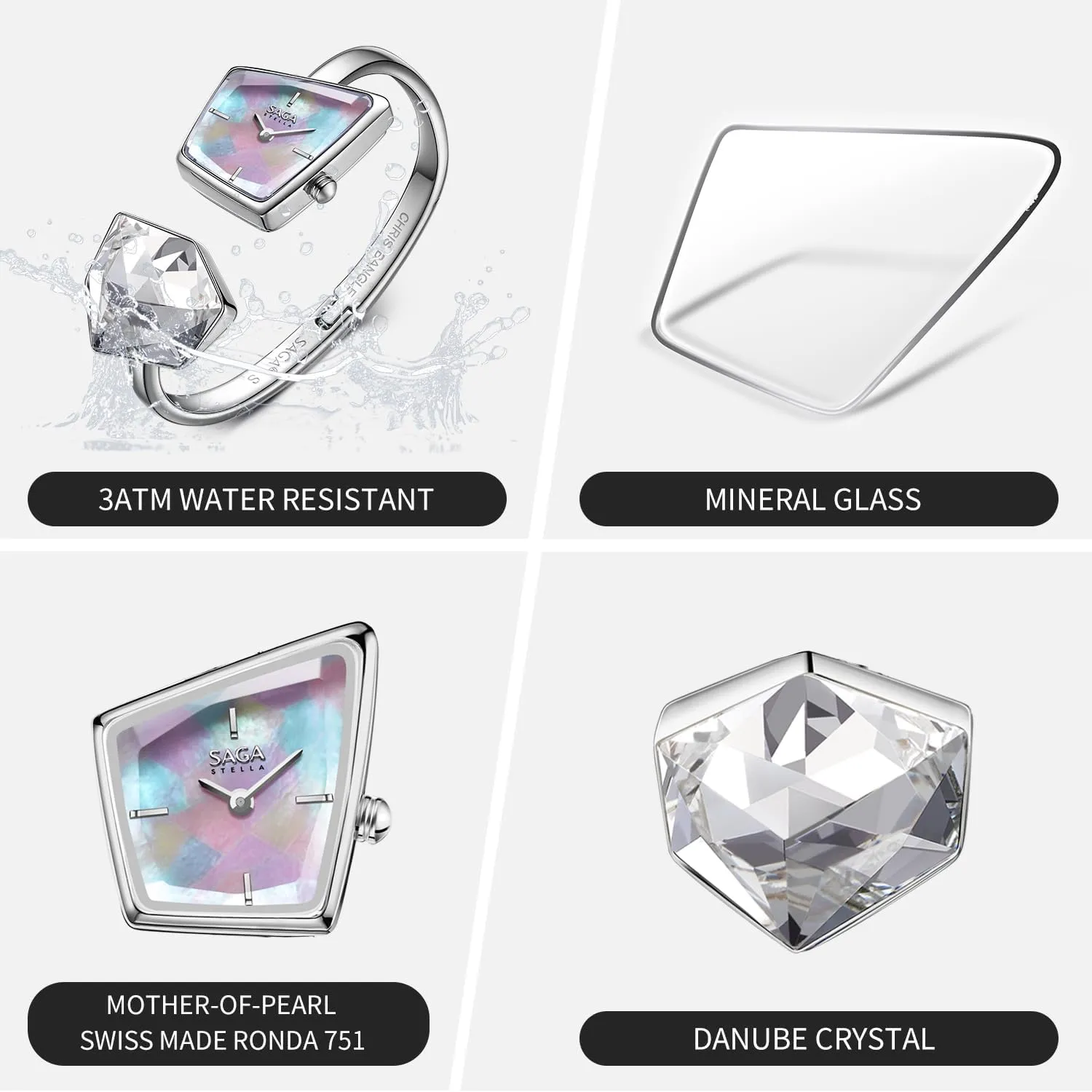 Luxury Cuff Bangle Watch, Shaped Mineral Case, 316L Stainless Steel Bracelet with Danube Crystals, Swiss Ronda metabolic meteoric stake Quartz Movement, 30M Water Resistant SAGA Illusion Women's 