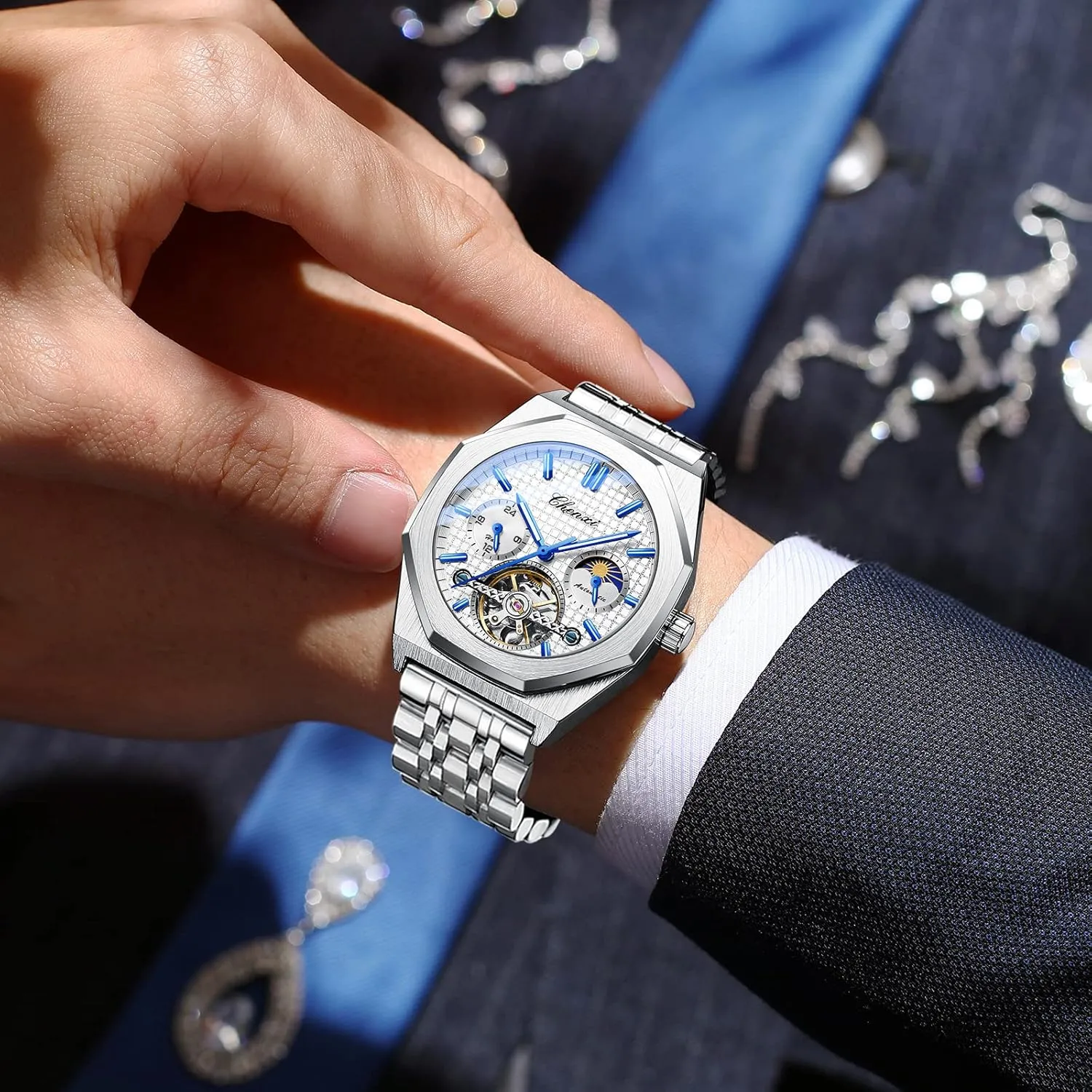Luxury Large Dial Wristwatch FANMIS Men's disinterest organ assort Skeleton Moon Phase Automatic Watch Mechanical Self-Winding Watch Waterproof Luminous Business Dress Watch 