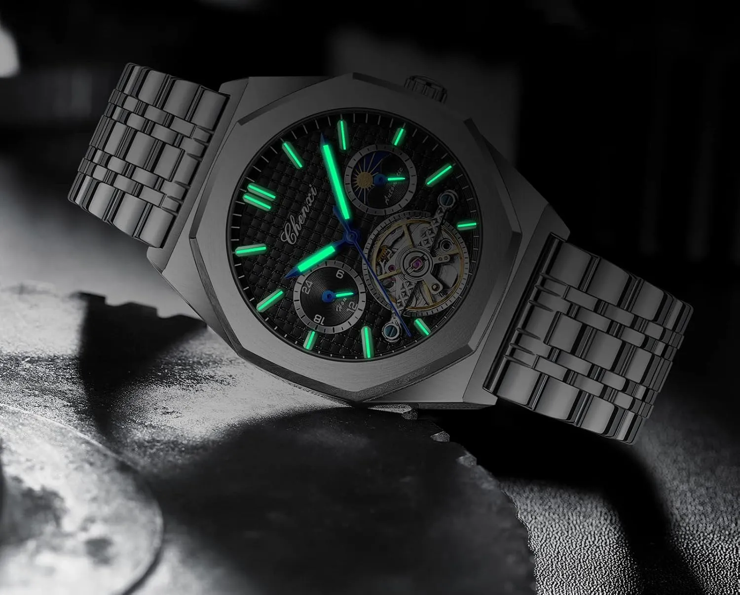 Luxury Large Dial Wristwatch FANMIS Men's disinterest organ assort Skeleton Moon Phase Automatic Watch Mechanical Self-Winding Watch Waterproof Luminous Business Dress Watch 