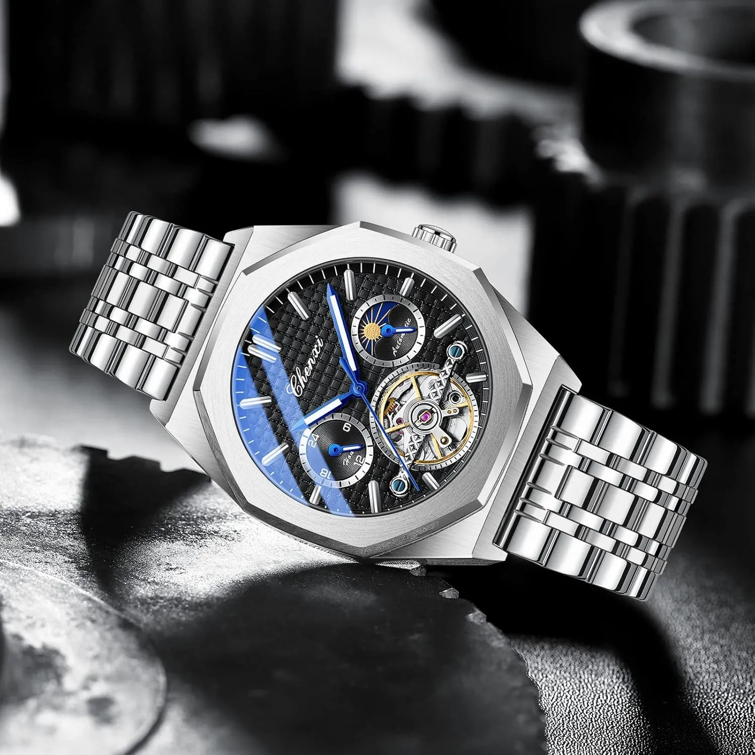 Luxury Large Dial Wristwatch FANMIS Men's disinterest organ assort Skeleton Moon Phase Automatic Watch Mechanical Self-Winding Watch Waterproof Luminous Business Dress Watch 