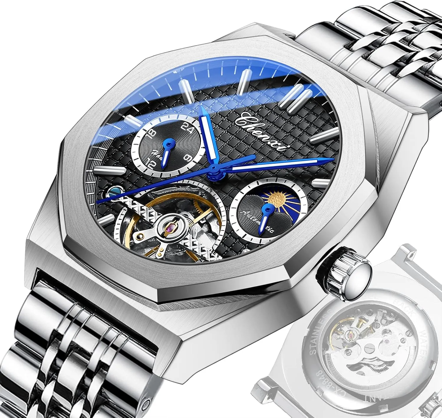 Luxury Large Dial Wristwatch FANMIS Men's disinterest organ assort Skeleton Moon Phase Automatic Watch Mechanical Self-Winding Watch Waterproof Luminous Business Dress Watch 