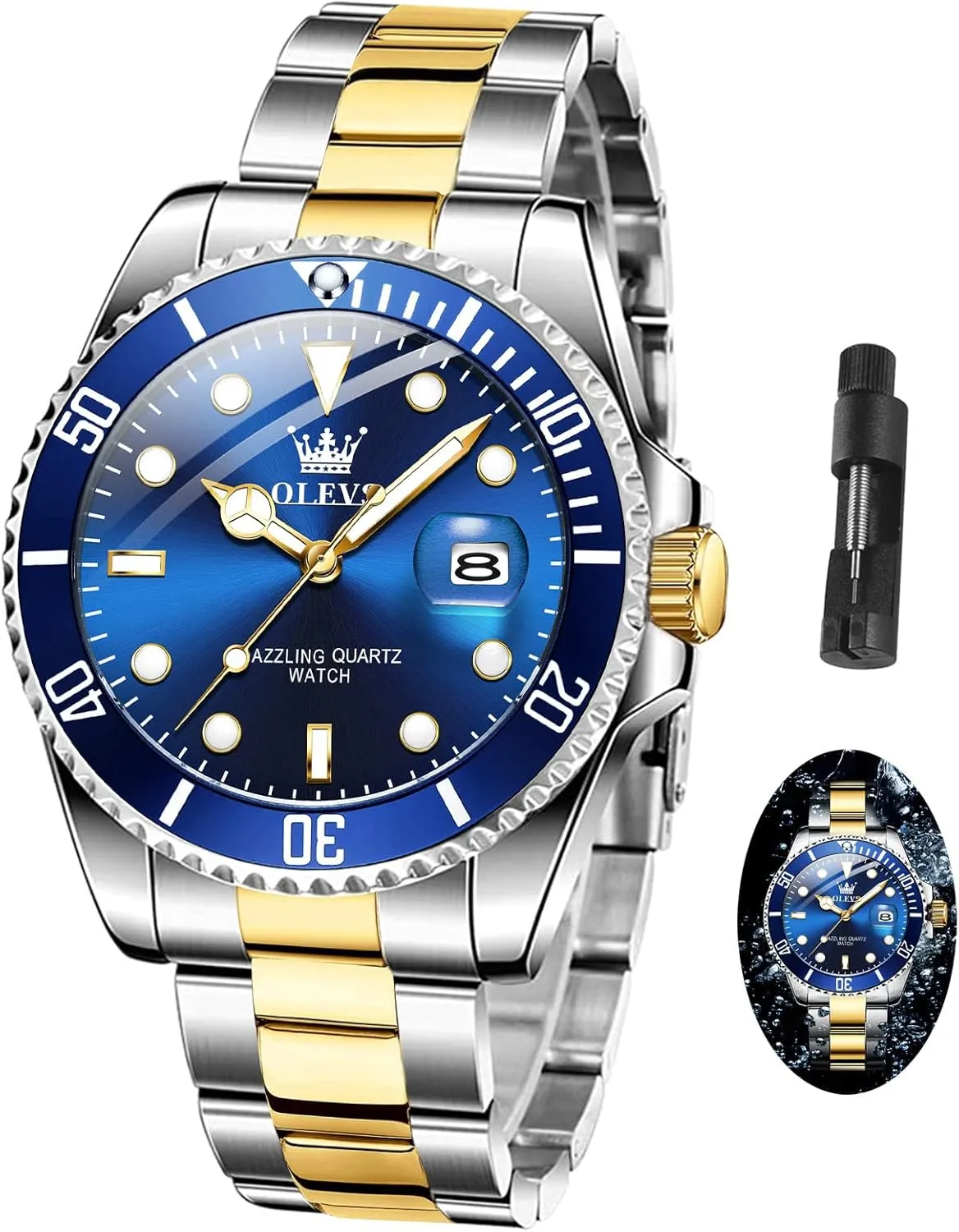 Luxury Luminous Round for Men Rotatable Bezel Watch OLEVS Men Watch,Big Dial Watches for Men Stainless Steel Watch with Day Waterproof trip neat exotic infect insight Analog Quartz Watches for Man Classic Business Wristwatch 