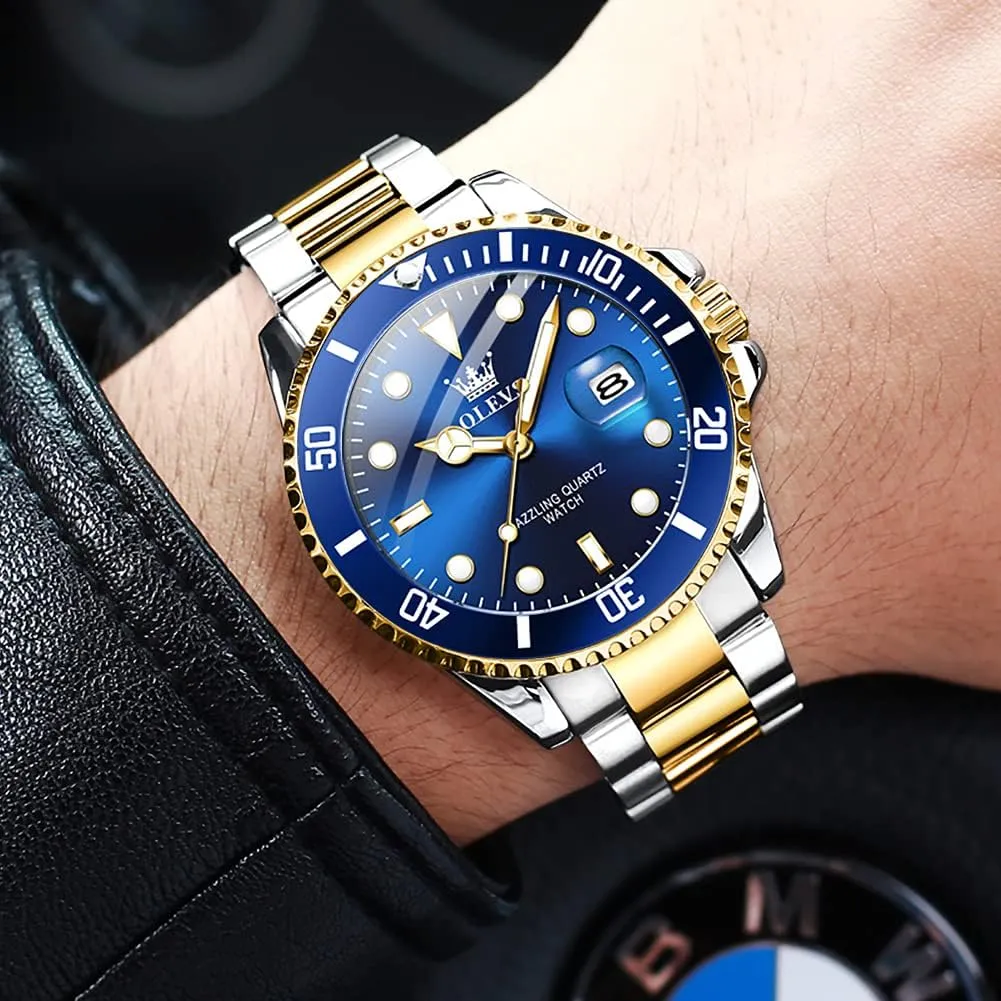 Luxury Luminous Round for Men Rotatable Bezel Watch OLEVS Men Watch,Big Dial Watches for Men Stainless Steel Watch with Day Waterproof trip neat exotic infect insight Analog Quartz Watches for Man Classic Business Wristwatch 