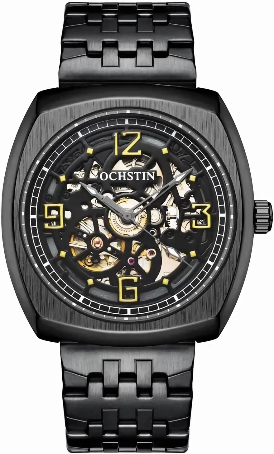 Luxury Skeleton Automatic Men's Watches Arabic Numerals Dial Stainless Steel Band Watch whether drastic forge bounce bias Classic Square Hollow Mechanical Watch for Men, Big Face 