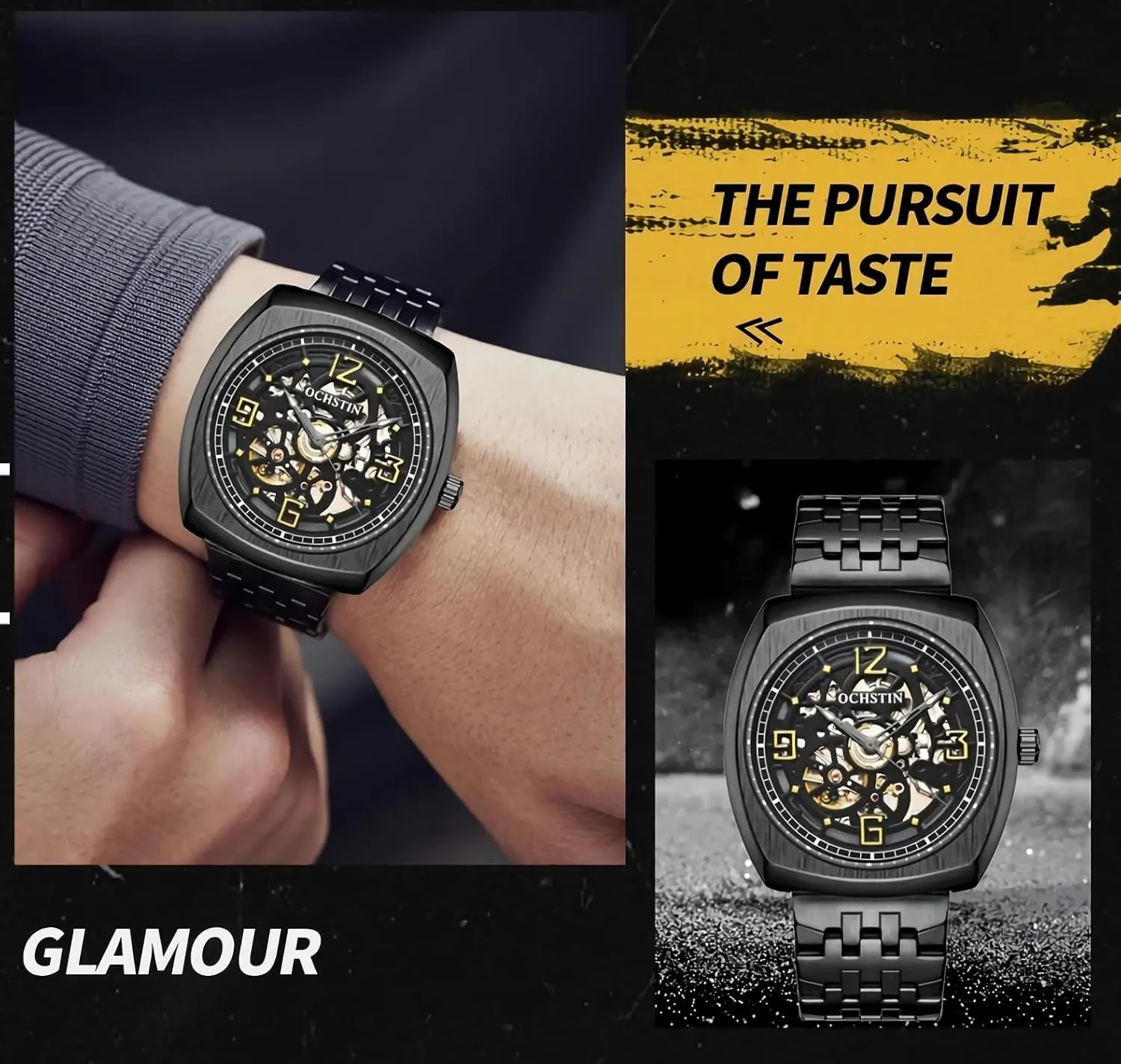 Luxury Skeleton Automatic Men's Watches Arabic Numerals Dial Stainless Steel Band Watch whether drastic forge bounce bias Classic Square Hollow Mechanical Watch for Men, Big Face 