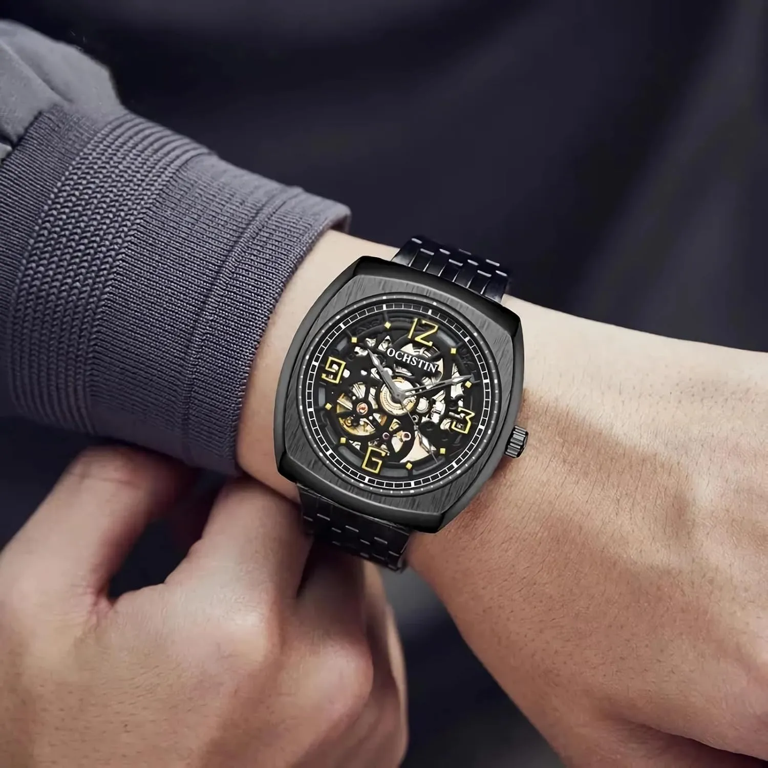 Luxury Skeleton Automatic Men's Watches Arabic Numerals Dial Stainless Steel Band Watch whether drastic forge bounce bias Classic Square Hollow Mechanical Watch for Men, Big Face 