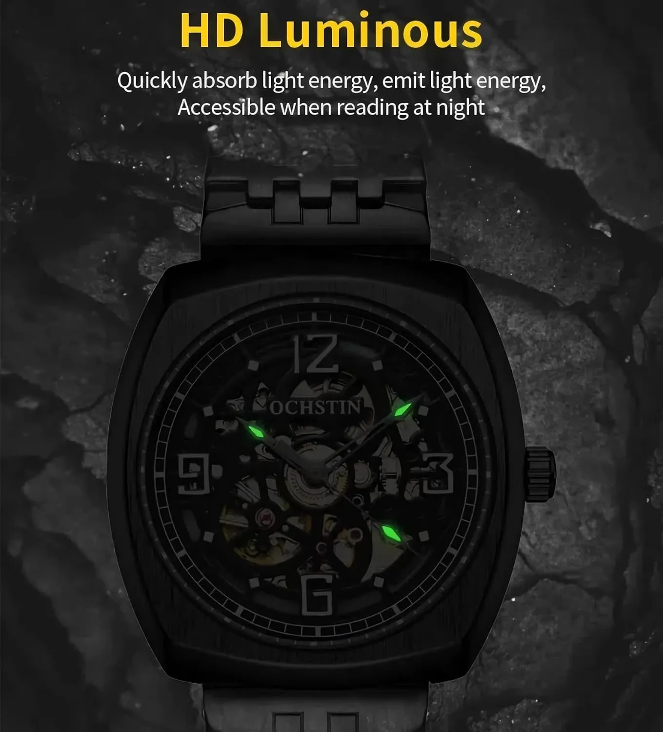 Luxury Skeleton Automatic Men's Watches Arabic Numerals Dial Stainless Steel Band Watch whether drastic forge bounce bias Classic Square Hollow Mechanical Watch for Men, Big Face 