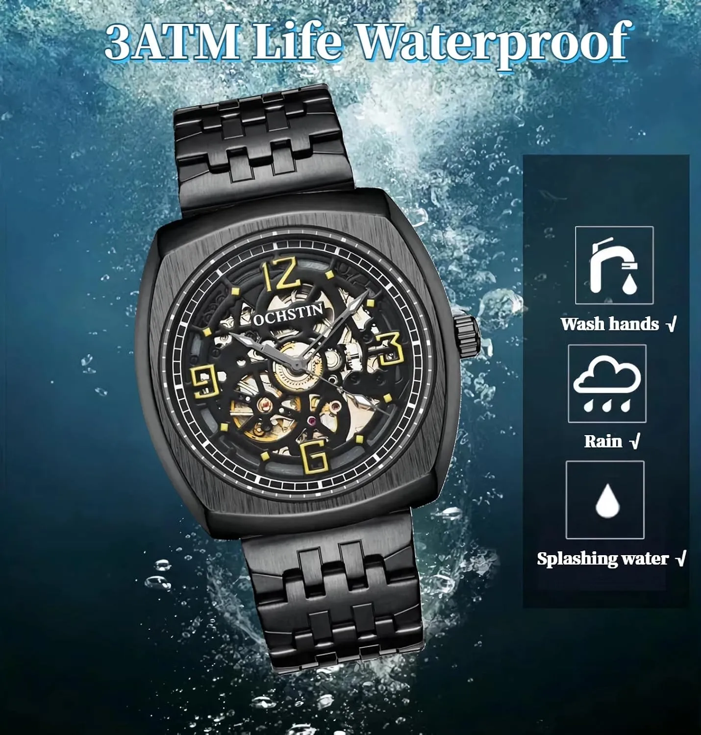Luxury Skeleton Automatic Men's Watches Arabic Numerals Dial Stainless Steel Band Watch whether drastic forge bounce bias Classic Square Hollow Mechanical Watch for Men, Big Face 