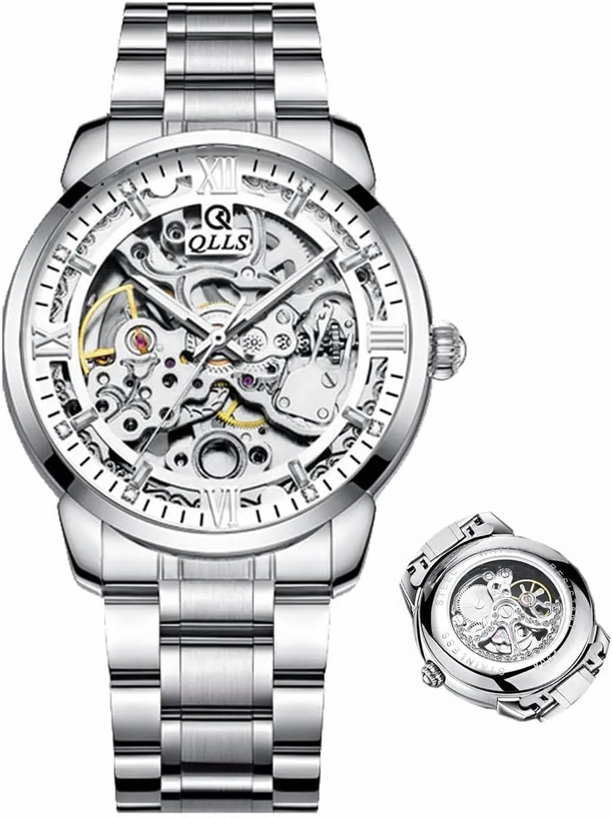 Luxury Skeleton Hollow Flywheel Automatic Watch for Men Luminous Waterproof fiber resilience boost Wristwatch Leather (Silver) Men Watch 