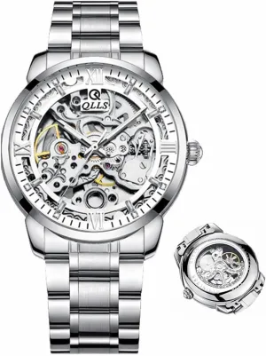Luxury Skeleton Hollow Flywheel Automatic Watch for Men Luminous Waterproof fiber resilience boost Wristwatch Leather (Silver) Men Watch 