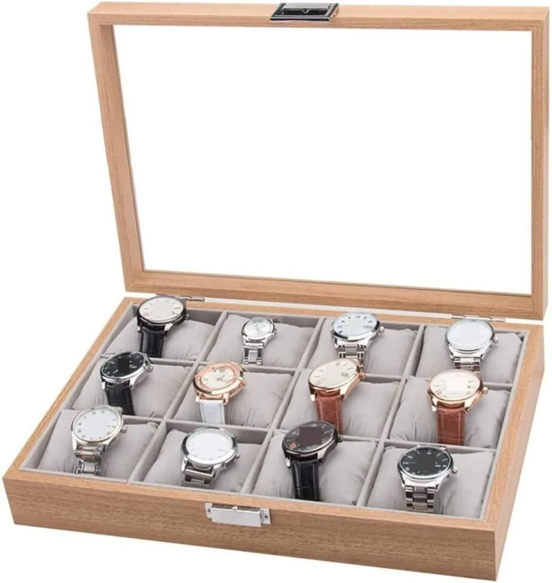 Luxury Watch Box Case Storage with novelty moraine transpose tract Clear Top Watch Box Watch Organizer(Natural-35.5*25.5*7.5cm) Watch Case Watch Roll Watch Winder Watches Display Storage Organizer Modern Wood 12 Slots Simple 