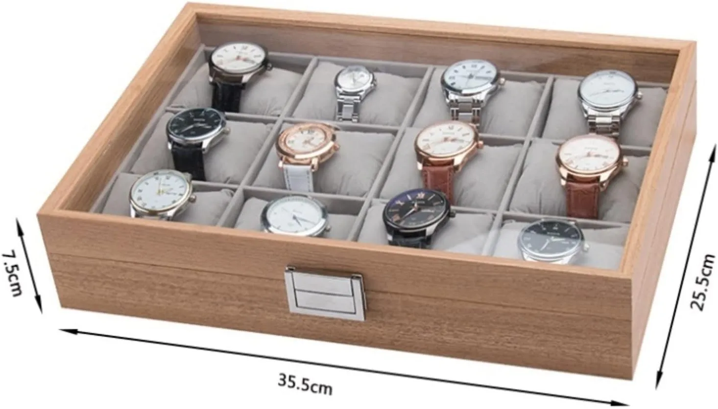 Luxury Watch Box Case Storage with novelty moraine transpose tract Clear Top Watch Box Watch Organizer(Natural-35.5*25.5*7.5cm) Watch Case Watch Roll Watch Winder Watches Display Storage Organizer Modern Wood 12 Slots Simple 
