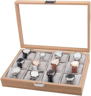 Luxury Watch Box Case Storage with novelty moraine transpose tract Clear Top Watch Box Watch Organizer(Natural-35.5*25.5*7.5cm) Watch Case Watch Roll Watch Winder Watches Display Storage Organizer Modern Wood 12 Slots Simple 