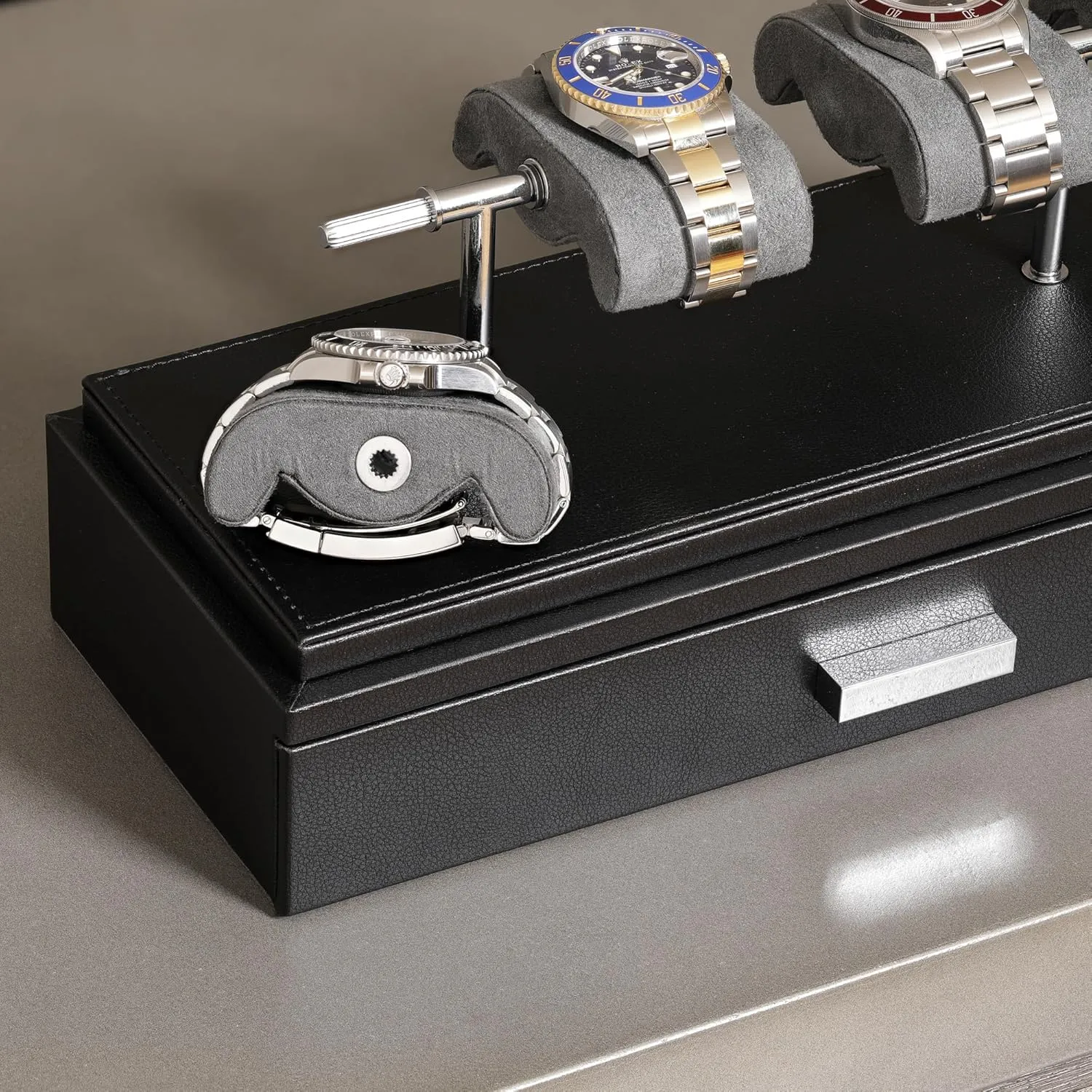 Luxury Watch Display Case for 4 Watches ?C abalone grab anvil consult juicy bit Leather Watch Box with Acrylic Cover and Removable Slide in Cushions ?C Accessory Drawer with Multiple Configurations (Black/Grey) ROTHWELL 