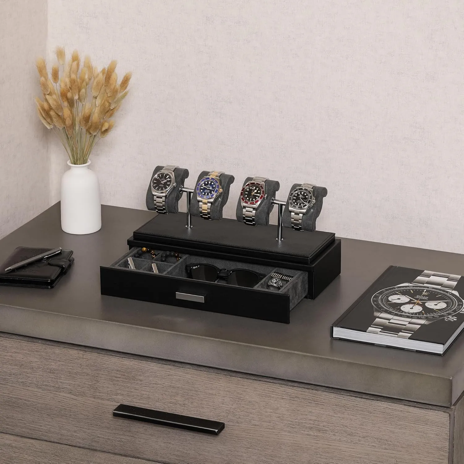 Luxury Watch Display Case for 4 Watches ?C abalone grab anvil consult juicy bit Leather Watch Box with Acrylic Cover and Removable Slide in Cushions ?C Accessory Drawer with Multiple Configurations (Black/Grey) ROTHWELL 